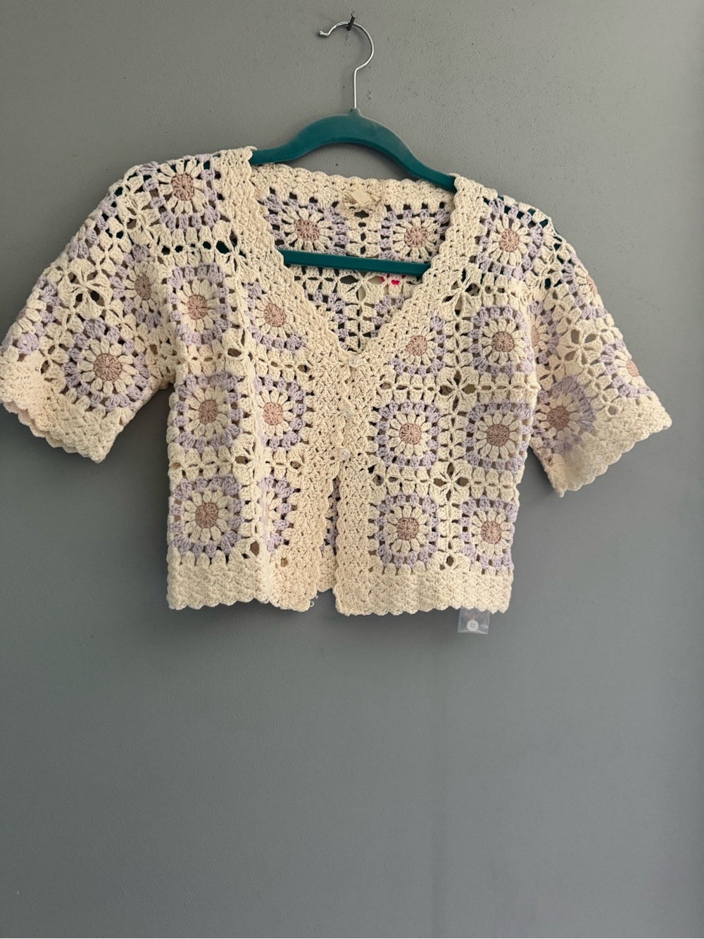 Hem & Thread Crochet Granny Square Cardigan in Cream and Lavender